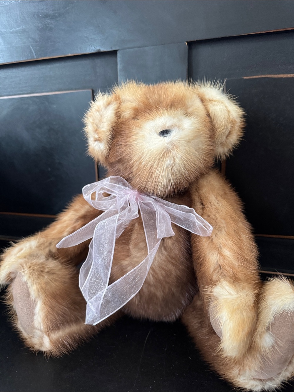 Genuine Mink jointed Teddy Bear with Sheer Pink Bow